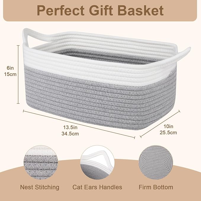 OIAHOMY Woven Basket, Gift Basket Empty with Gift Bags and Ribbons, Rope Baskets for Baby Showers, Storage Baskets with Handles for Nursery, Pet Toy Organizer - Grey & White