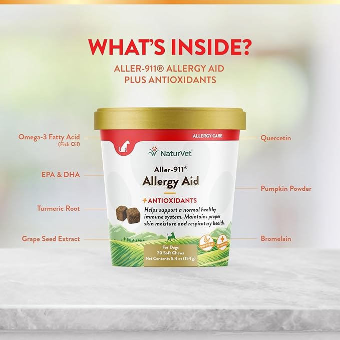 NaturVet Aller-911 Advanced Allergy Aid for Dogs, Cats – Antioxidant-Rich Pet Supplement with Omegas, DHA, EPA – Helps Support Dog Immune System, Cat Respiratory Health, Skin Moisture 70 Soft Chews