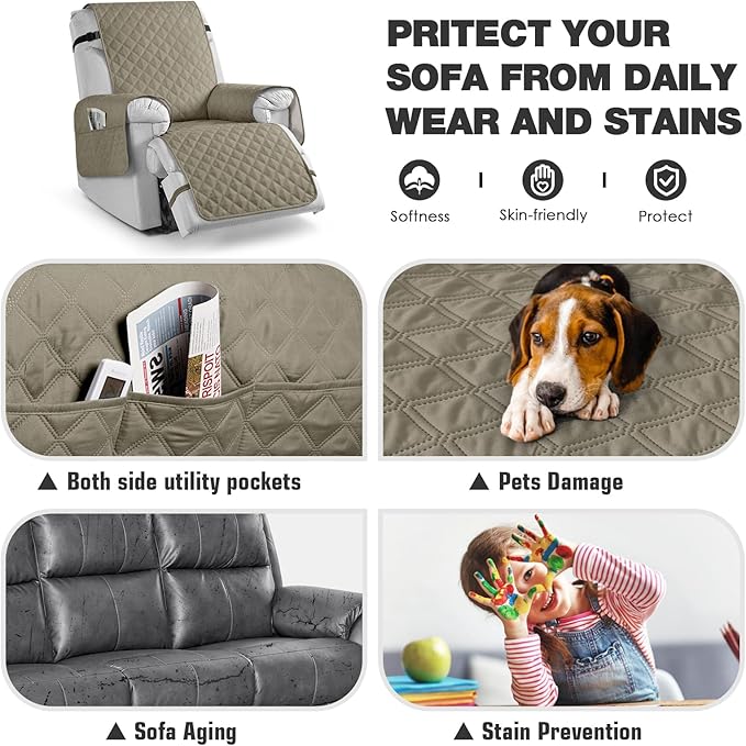 TAOCOCO 100% Waterproof Recliner Chair Cover Non-Slip Reclining Cover for Recliner Chair Washable Chair Seat Cover with Elastic Straps for Pets Sofa Slipcover with Pocket (Oversized 28'', Khaki)