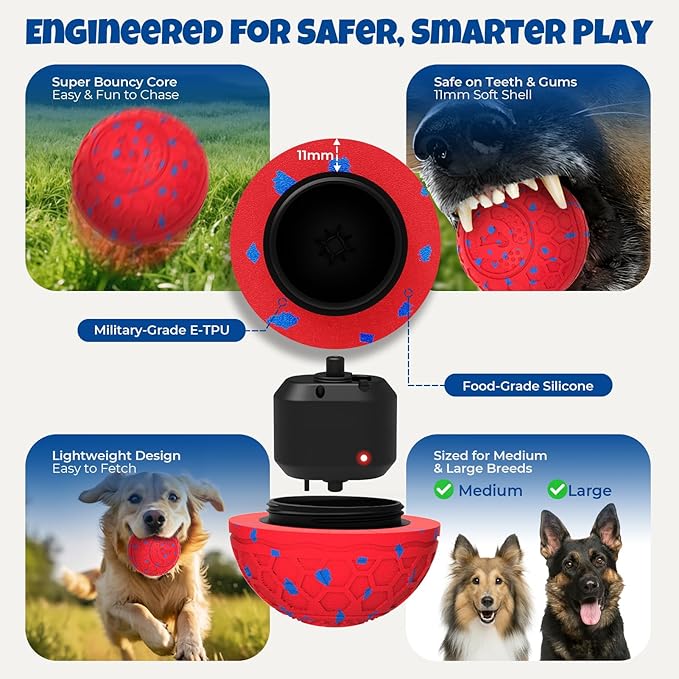 Fsitego Dog Balls: Interactive Dog Ball Auto Rolling - Interactive Dog Toys for Aggressive Chewers - Bouncy & Throwable, Type-C Rechargeable, Washable, for Small & Medium & Large Dogs – Red