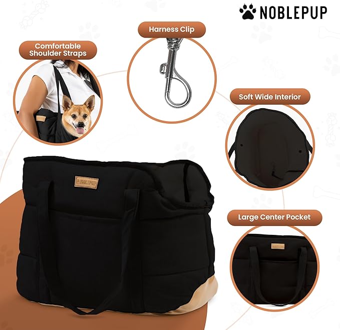NoblePup Cozy Plush Dog Purse Carrier for Small Dogs - Dog Carrier Purse with Secure Harness Clip, Dog Tote Bag for Small Dogs and Puppies - Black 2.0