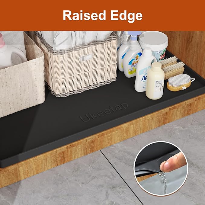 Extra Thick Silicone Mat Waterproof with Raised Edge 34" x 22", Under Sink Mat for Kitchen & Bathroom, Kitchen Cabinet Liner, Multi-Purpose for Storage & Protection, Black