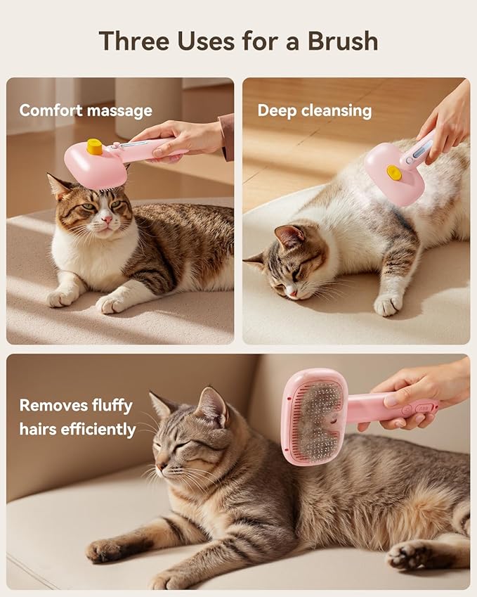 ROJECO 3-in-1 Pet Steam Brush for Cats&Dogs - Detangling Comb with Adjustable Mist, Handheld Deshedding Grooming Tool for Long/Short Hair, Massage Brush & Shedding Control Gift,Cordless,Pink