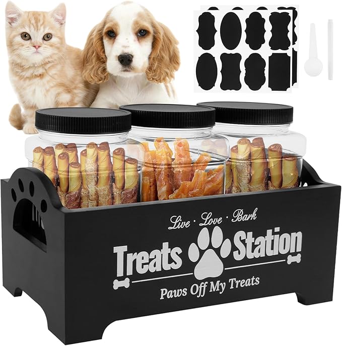 KarHoeGern Dog Treat Container for Countertop Dog Food Storage with 3 Plastic Treat Jars Wood Dog Food Container with Handles and Lids Farmhouse Practical Pet Cat Dog Treat Storage Containers (black)