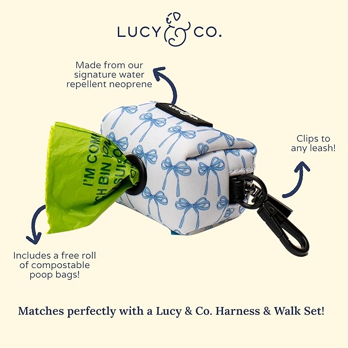 Lucy & Co. Dog Poop Bag Holder - Leak Proof Dispenser with Leash Attachment - Easy Refills - Hygienic Pet Poop Pickup - White with blue bows