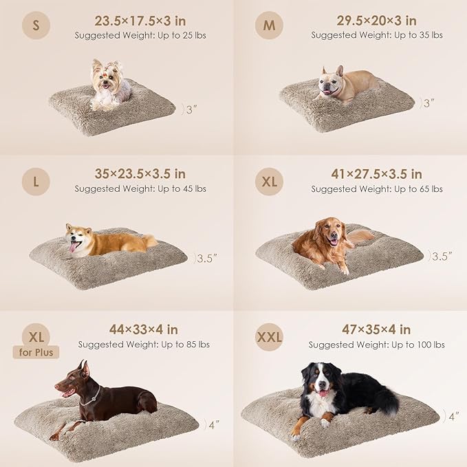 EHEYCIGA Fluffy Dog Crate Bed for Large Dogs, Plush Faux Fur Crate Pad, Calming Anti Anxiety Large Dog Bed, Washable Soft Warm Mat with Non-Slip Bottom, Taupe
