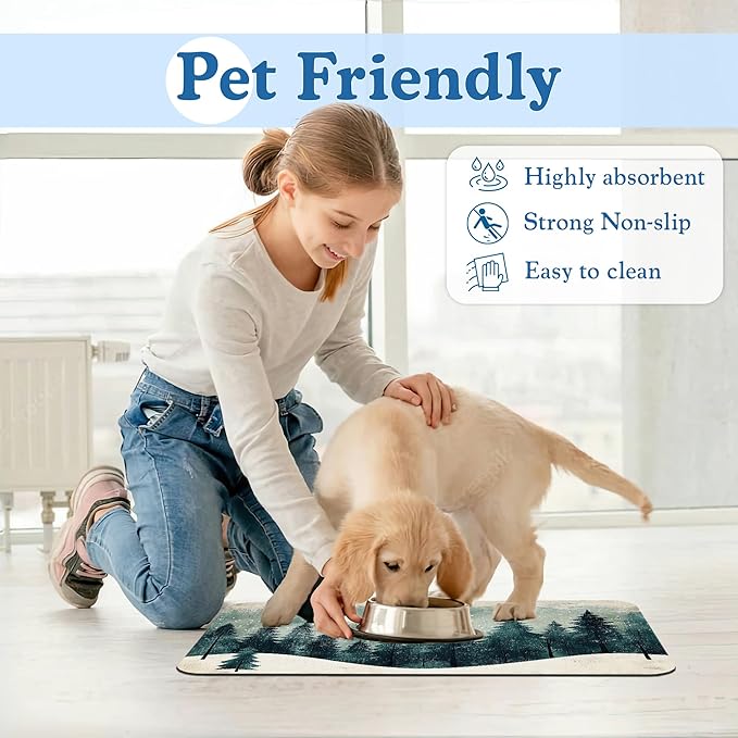 Mysty Winter Fores Pet Feeding Mat–Christmas Stocking Quick Dry Absorbent Dog Cat Food Mat, Non Slip Waterproof Bowl Placemat for Messy Eaters, Pet Accessories for Floors 16"x24"
