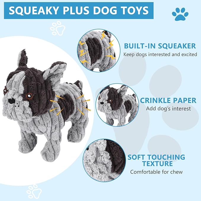 Letsmeet Dog Toys Plush Interactive Dog Toy with Crinkle Paper and Squeaker, Reduce Boredom and Anxiety, Cute Dog for Small Medium Large Dogs, Grey