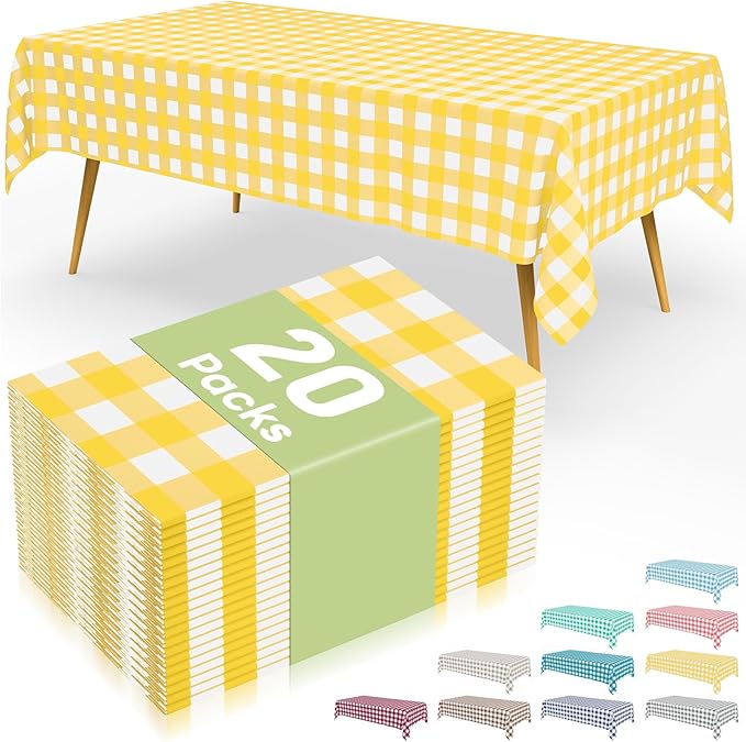 Smiry 20 Packs Gingham Disposable Table Cloth, 54 x 108 Inch Waterproof Plastic Tablecloth, Rectangle Yellow and White Checkered Table Covers for Picnic, Birthday, Party