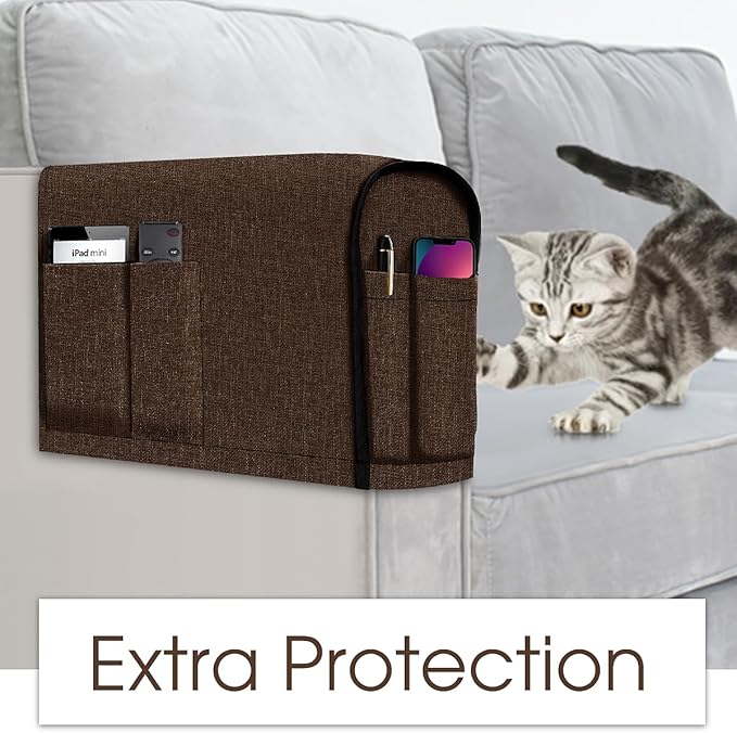 Joywell Linen Armrest Covers for Living Room Anti-Slip Sofa Arm Protector for Dogs, Cats, Armchair Slipcover for Recliner with 4 Pockets for TV Remote Control, Phone, Set of 2, Dark Brown