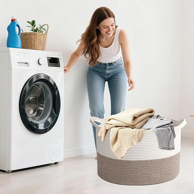 115L Extra Large Woven Cotton Rope Blanket Basket with Handles, Laundry Hamper Storage Bin for Pillows,Clothes, Bedroom and Living Room Organization, White & Brown