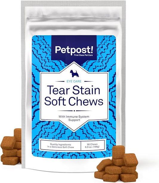 Petpost Tear Stain Remover Soft Chews for Dogs | 90 Count Cheese Flavor Dog Tear Stain Support Supplement | Gentle Eye Care for White Dogs & Light Breeds | Tylosin Free, Made in USA