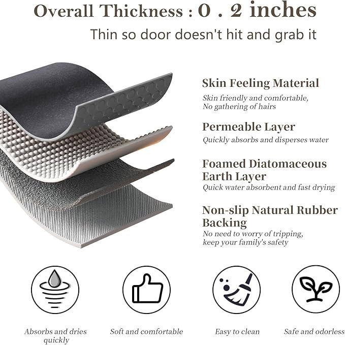 Diatomaceous Earth Bath Mat Rugs Quick Dry Super Absorbent Non Slip Rubber BottomThin Bathroom Mat Fit Under Door, Floor Rugs in Front of Bathtub,Shower Room,Sink,Washable, 17" x 32", Dark Grey