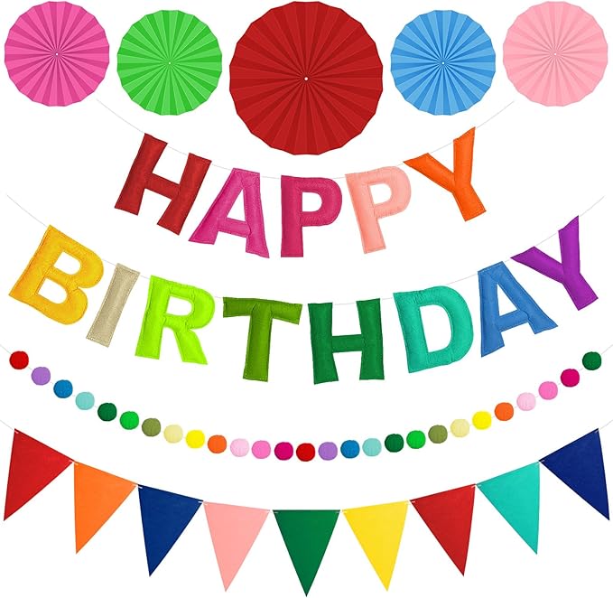 Pre-Strung 3D Felt Happy Birthday Banner, Reusable Rainbow Birthday Party Decorations for Kids Adults, Happy birthday Sign with Felt Ball Garland, Pennant Flag, Hanging Paper Fans