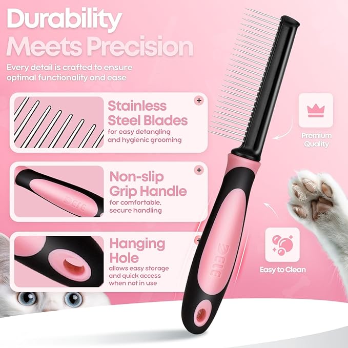 Flexzion Metal Pet Comb for Cats & Dogs – Sturdy Stainless Steel Rounded Teeth with Non-Slip Grip – Easy Grooming & Detangling for Long & Short Hair, Pink