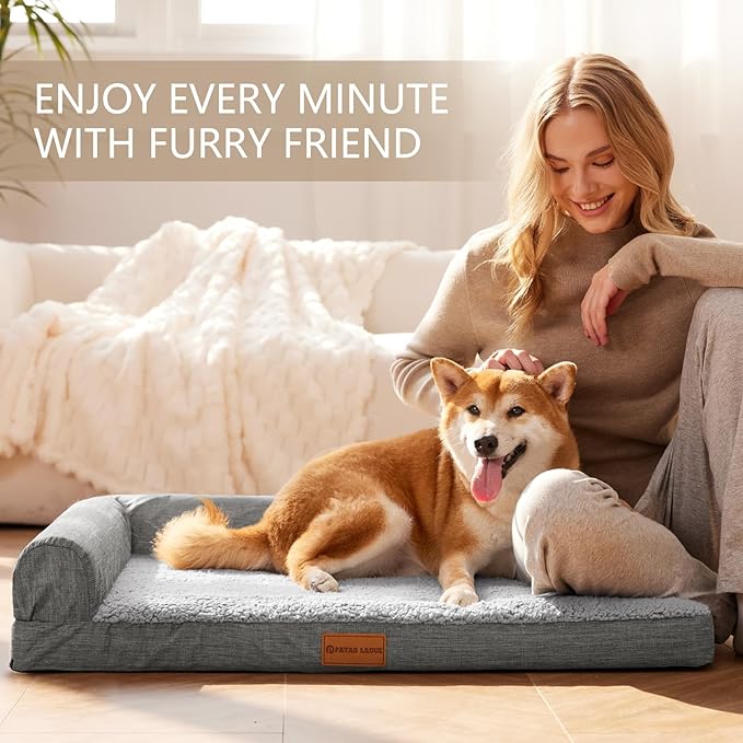 Patas Lague Orthopedic Jumbo Dog Bed for Extra Large Dogs 56''X40'', Waterproof L Bolster Jumbo Pet Sofa Beds with Removable Washable Cover, Soft Pet Couch Crate Mat with Nonskid Bottom, Grey