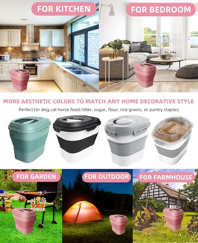 DDMOMMY 30-35 Lbs Dog Food Storage Container Collapsible Dog Food Container with Airtight Lids, Wheels, Scoop and 2pcs Food Storage Containers, Large Pet food storage for Dog, Cat (Pink)