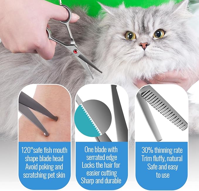 FOGOSP 4.5" Dog Grooming Scissors - 3 Pcs Curved & Straight Thinning Shears for Small Dogs & Cats - Japan 440C Stainless Steel