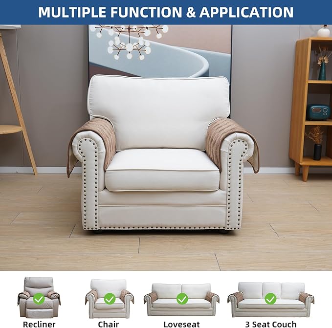 Eismodra Chair Arm Covers,Couch Arm Cover for Sofa Recliner Armchair Cats Dogs,Non Slip Armrest Arm Rest Slipcover Reclining Furniture Protectors (Light Brown, Set of 2)