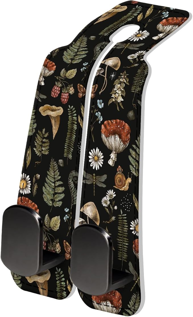 PU Leather Car Seat Hook, Storage Headrest Hanger, Cute Car Backseat Organizer, Car Hooks for Purses and Bags Mushroom Forest