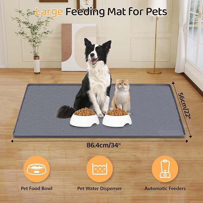 Bartuke Cat Food Mat, 34" x 22" Large Silicone Pet Feeding Mat with Raised Edge Pet Placemat for Food and Water Bowl Non-Slip, Easy to Clean, Floor Protection (Dark Grey)