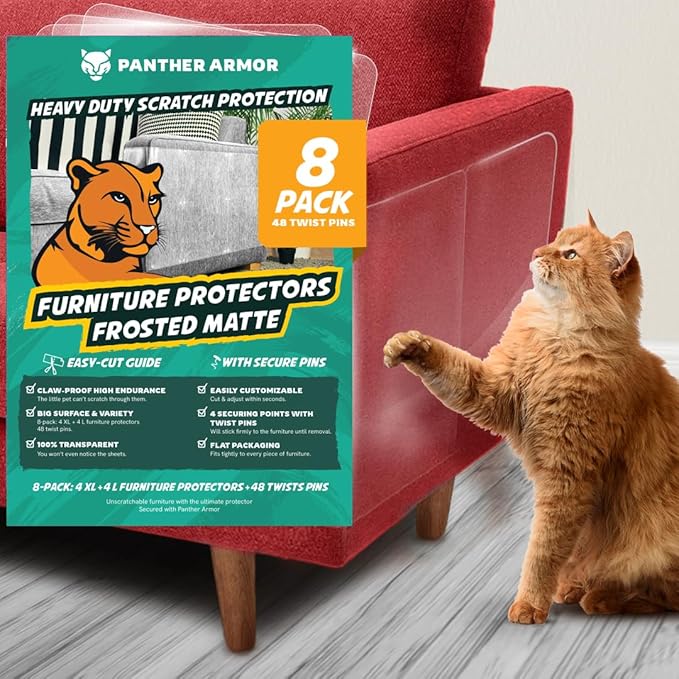 8 Pack Cat Scratch Furniture Protector Sheets – Matte Finish Couch & Sofa Guard from Cat Claws – Easy Apply, Removable, with Twist Pins (4 XL + 4 Large)