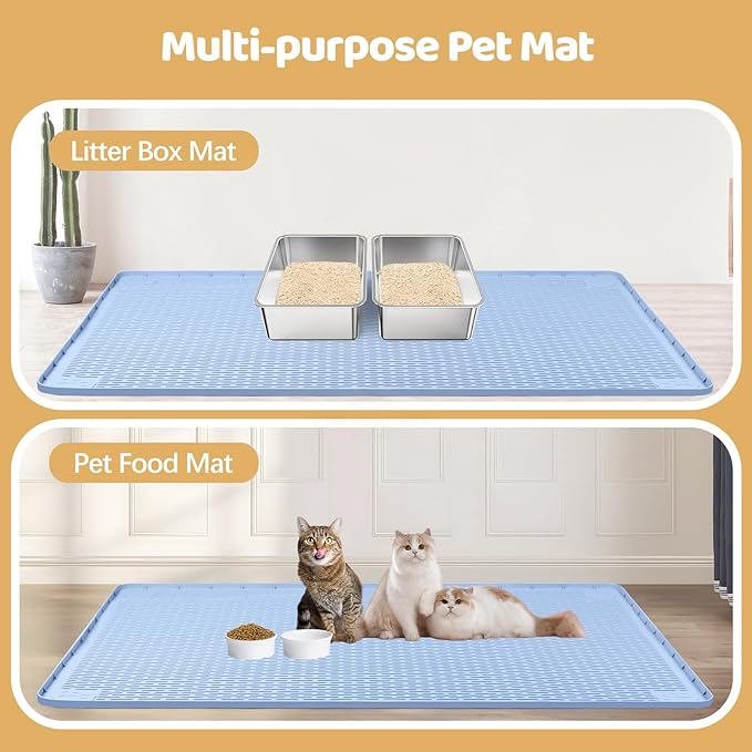 Bartuke Cat Litter Mat, XXL Extra Large 50" x 35" Silicone Mat Litter Trapping Mat for Scatter Control, Soft on Kitty Paws, Easy to Clean (Blue)