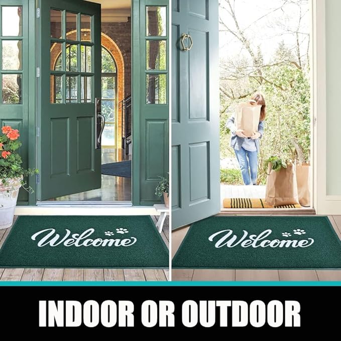 T.HENV Christmas Door Mat Outdoor, 30x17.5 Waterproof All-Season Front Door Mat Outside Entrance, All-Weather Quick Drying, Low Profile Doormat Indoor, Patio Porch Entryway Mats, Green-White