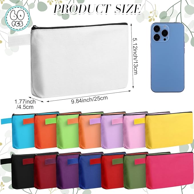 Reginary 60 Pieces 15 Colors Canvas Makeup Bags Bulk Portable Travel Cosmetic Pouch Multipurpose Blank Toiletry Bag with Zipper for Women DIY Craft Valentine's Day Gifts(9.8 x 5 x 2 Inch,Multicolor)