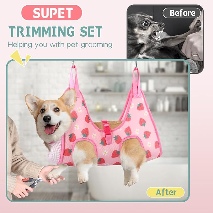 Supet Dog Grooming Hammock, Dog Hanging Harness for Nail Trimming Doorframe, Pet Holder Restraint for Clipping Nails, Pet Hoist Sling for Cutting Nails, Ear & Eye Cleaning, Medicine at Home (L)