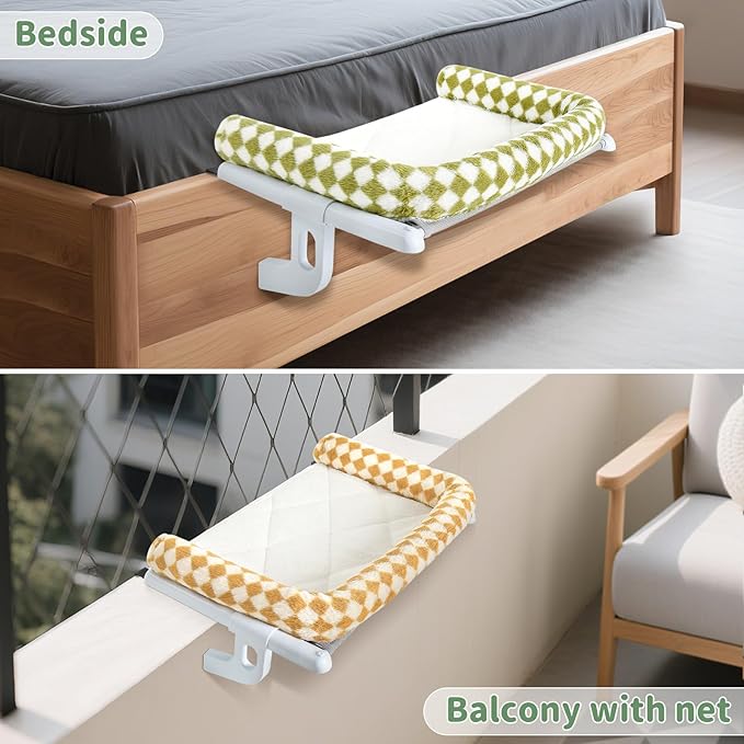Sunhoo Cat Window Perch Hammock Sturdy Windowsill Bed Seat for Large Cats No Drilling No Suction Adjustable Kitty Shelf with Washable Cover Easy Assembly Holds up to 40 lbs 22.05 * 15 in (Green, S)