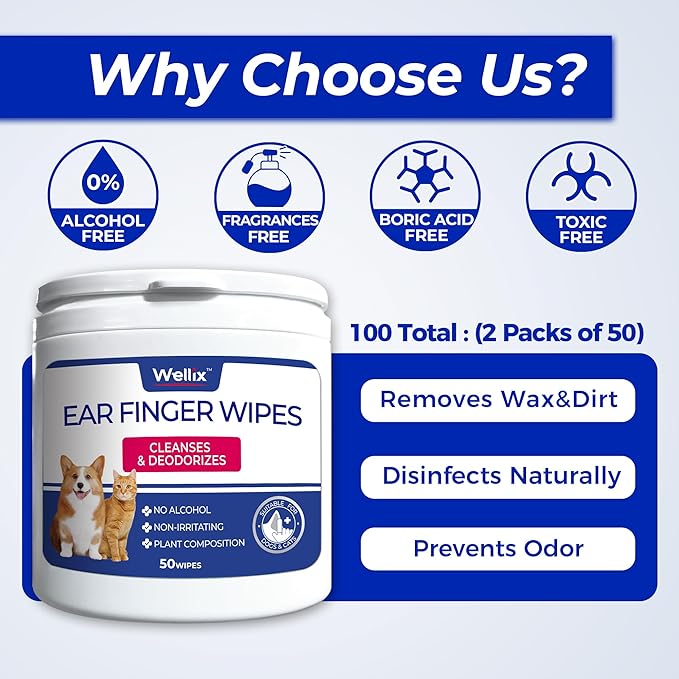 Wellix Pet Ear Cleaner Wipes for Dogs&Cats (100count) - Pure Chamomile Honeysuckle Dog Cleaning Finger Wipes - Natural Treatment for Itch Relief and Ear Infections - 2 Packs