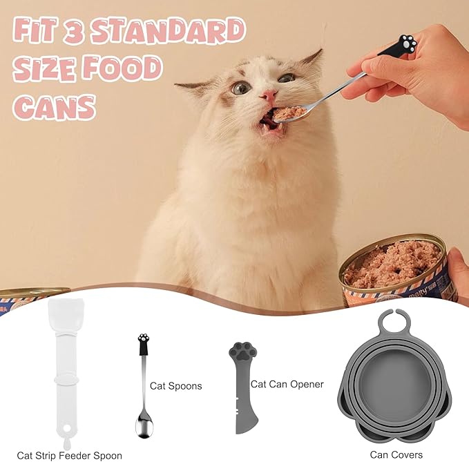 Yummy Sam 5 Pcs Pet Food Can Lids & Spoons Set, Including Wet Food Storage Can Covers for Multiple Sizes Pet Food Cans, Cat Can Opener, Cat Strip Feeder Spoon and Cat Spoons for Wet Food (Grey)