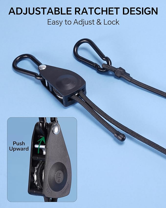 48" Heavy Duty Adjustable Carabiner Bungee Cord with Hooks, Easy to Adjust from 7" to 48", Black Ratchet Bungee Straps with Iron Carabiners & Superior Elasticity for Cargo, Luggage, Carts, etc (4 Pcs)