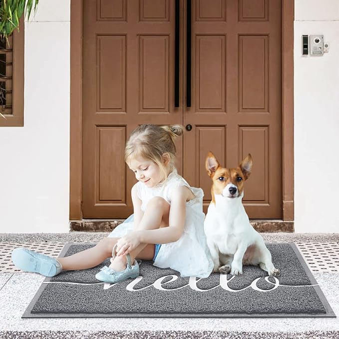 Door Mat Hello Mats Outdoor Indoor Non-Slip Doormat for Entryway Low-Profile Floor Mat for Yard, Garage, High Traffic Areas (36"x24", Grey)