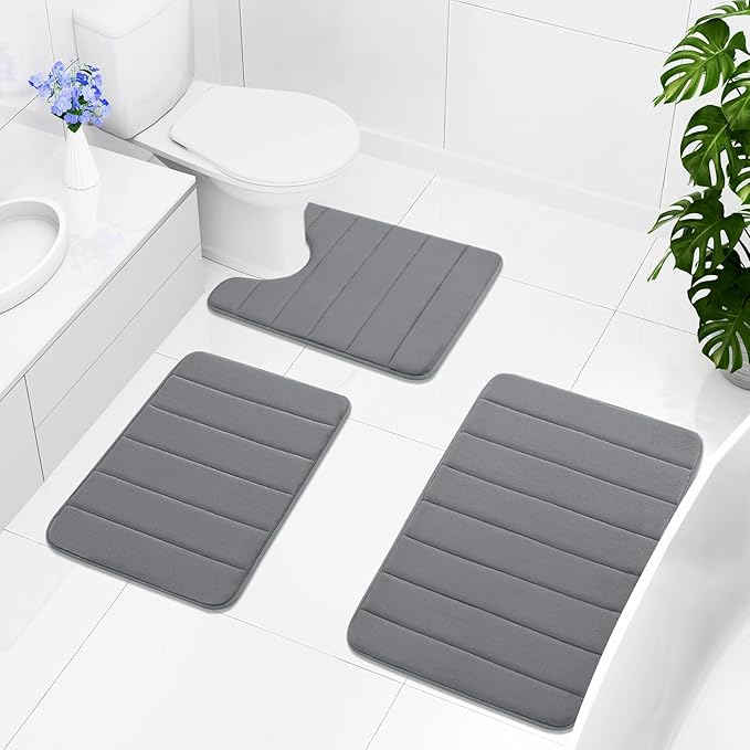 Buganda Memory Foam U-Shaped Contour Toilet Rugs, Non Slip Absorbent, Thick Soft Washable Bathroom Mat, Floor Carpet Bath Rugs Mat for Toilet Base (24" x 20", Grey)