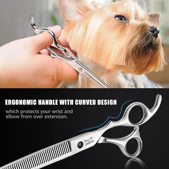 JASON 7.5" Dog Grooming Thinning Blending Scissor, Ergonomic Pet Grooming Thinner Blender Shears Cat Trimming Texturizing Kit with Offset Handle