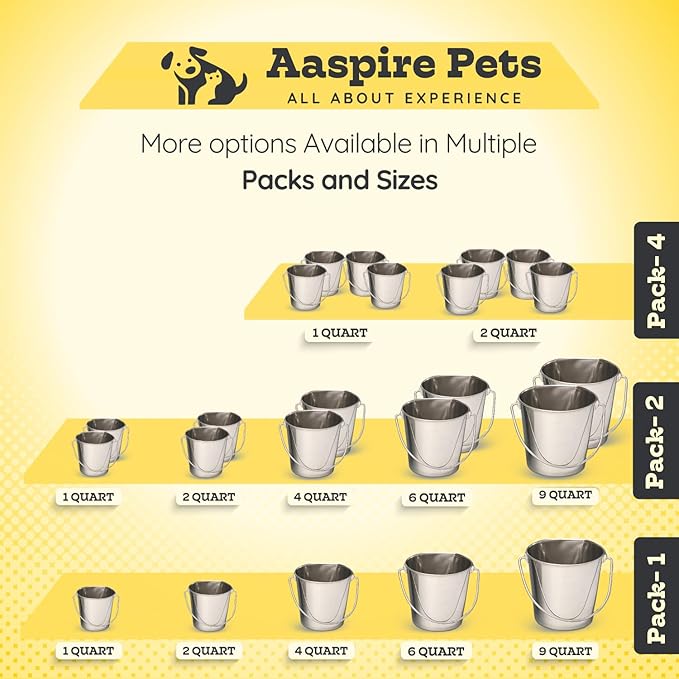 AASPIRE PETS 6 Quart Stainless Steel Flat Side Bucket | Durable Heavy Duty Food & Water Feeding Pails for Dog Cat Goat Sheep | Fits kennels Cages Critter Crates Hanging Pet Pail | Multipurpose Buckets