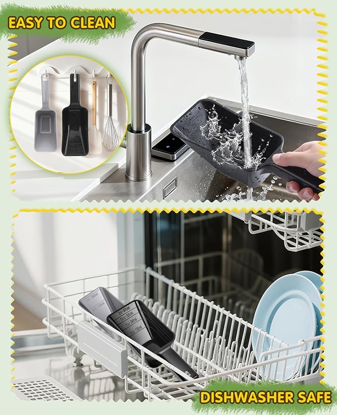 GNEOCO 2 Pack Dog Food Scoop with 1 Cup and 2 Cup Capacity, Plastic Pet Food Measuring Scoops with Clear Measurement Lines for Dogs, Cats & More,Dishwasher safe (Grey and Black)
