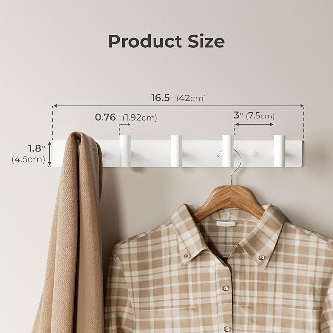White Wall Mounted Coat Rack – 5 T-Shaped Pegs for Hats, Bags & Towels, Heavy-Duty Metal Rail for Entryway, Bathroom, Closet, Bedroom (1 Pack)
