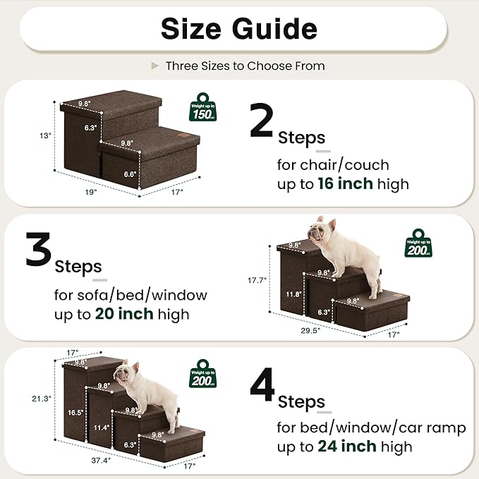 Love's cabin Dog Stairs for High Bed 18" H,Foldable Pet Stairs for Small Medium or Large Dogs Puppy with Storage for Bed or Couch,Cat Dog Steps Ramp with Zip up to 200 lbs(Coffee,3 Steps no Condo)