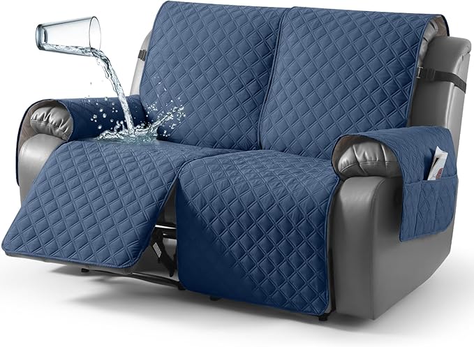 TAOCOCO 100% Waterproof Recliner Couch Covers, Recliner Sofa Covers with Leg Straps, 1-Piece Washable Reclining Sofa Cover with Pocket Couch Protector for Pets Kids(2 Seater, Ocean Blue)