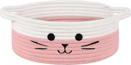 Cute Cat Toy Basket, Decorative Baby Gift Basket for Girls, Small Woven Baskets for Nursery Living Room, White & Pink, 9.8 x 4 inches