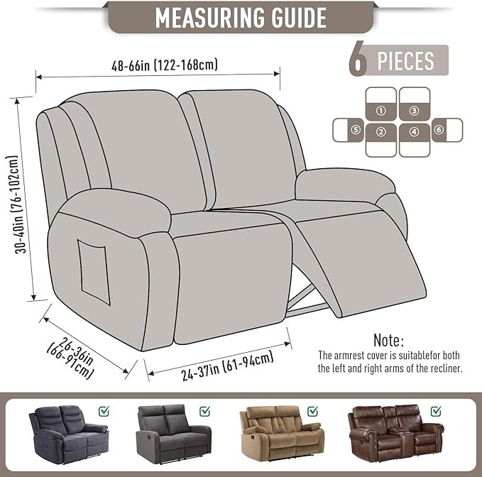 TAOCOCO Recliner Loveseat Slipcover, 6 Pieces Dual Recliner Sofa Covers for 2 Seat Dual Reclining Loveseat Couch, Stretch Soft Jacquard Pattern Furniture Protector with Elasticity (Pale Brown)