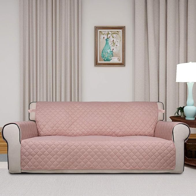 PureFit Reversible Quilted Sofa Cover, Water Resistant Slipcover Furniture Protector, Washable Couch Cover with Non Slip Foam and Elastic Straps for Kids, Dogs, Pets (X Large, Pink/Beige)