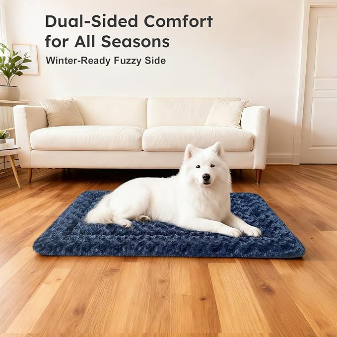 Dog Bed Mat, Dual-Sided Dog Crate Bed Mat - Ultra Soft & Machine Washable Kennel Pad for Small Dogs, All-Season Comfort Pet Bed for Crates, Travel, and Home, Dark Blue 24 x 16 Inch