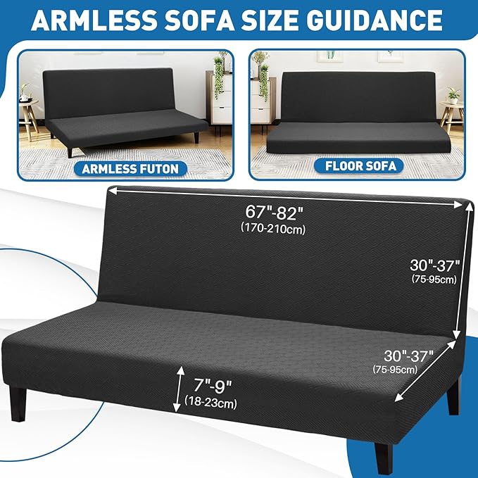ZNSAYOTX Stretch Fit Futon Cover (67"-82") Armless Futon Sofa Bed Slipcover with Elastic Band, Universal Foldable Sofa Mattress Protector Full Queen Size, Washable Comfort Jacquard (Black)