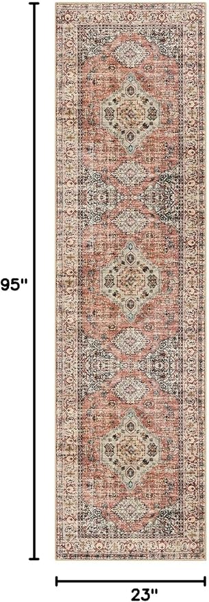 Lahome Oriental Washable Kitchen Runner Rug Non Slip, 2x8 Bathroom Runners for Hallways with Rubber Backing, Vintage Soft Long Carpet for Laundry Bedroom Eleanor, Peach/Orange