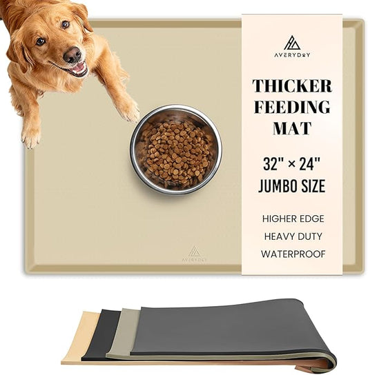 AVERYDAY 32x24'' Silicone Dog Mat for Food and Water, 0.63'' Edge Dog Food Bowl Mats for Floor Waterproof, Dogs Water Mat for Sloppy Drinker, Non Slip Rubber Pet Feeding Mats for Indoor Dogs and Cats