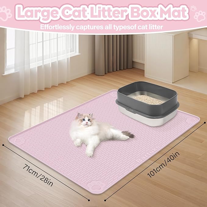 Bartuke Cat Litter Mat, Extra Large 40" x 28" Silicone Mat Litter Trapping Mat for Scatter Control, Soft on Kitty Paws, Easy to Clean (Pink)